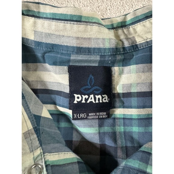 Prana Pearl Snap Dress Shirt Mens X-Large Blue Plaid Short Sleeve Button Up EUC - Picture 3 of 9
